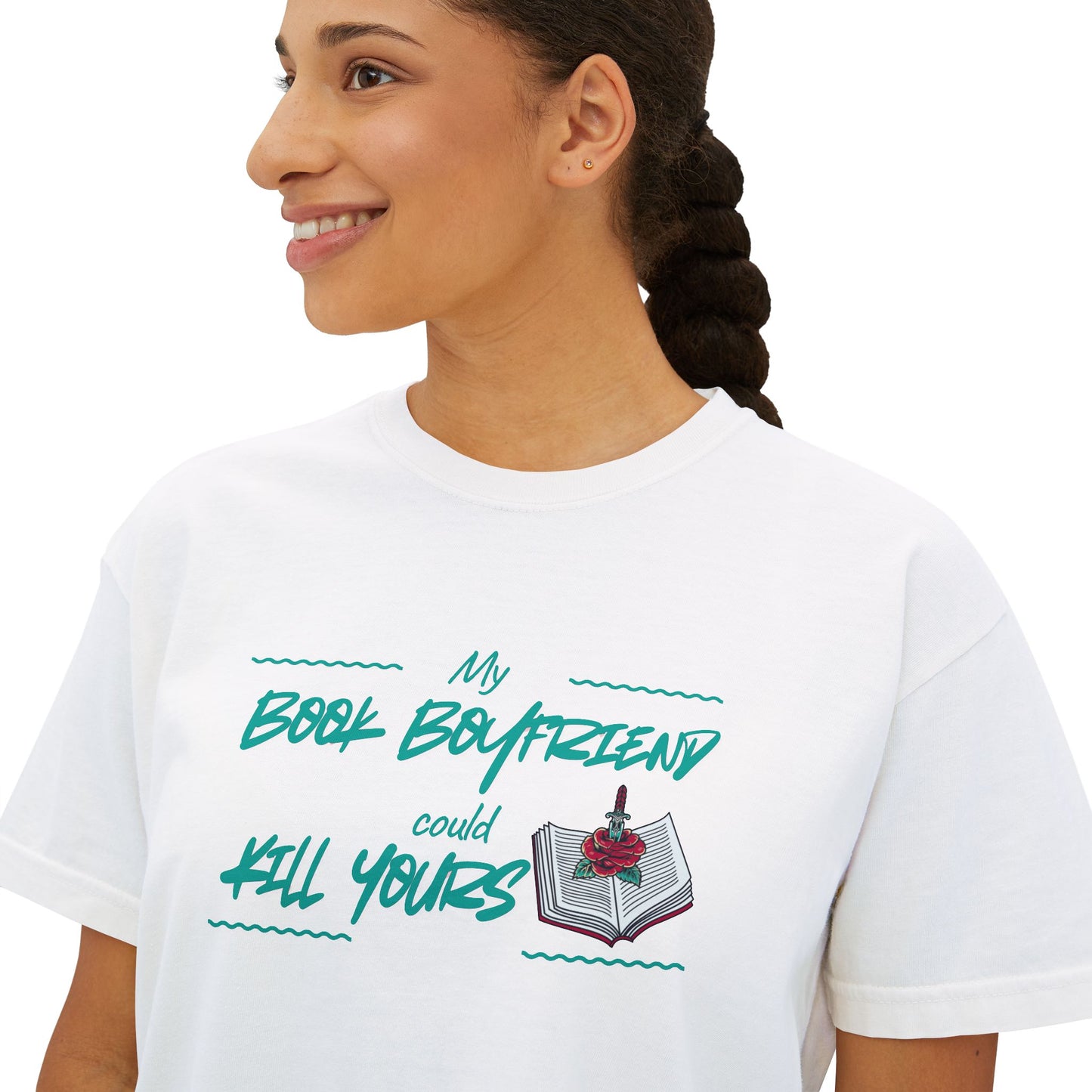 My Book Boyfriend Could Kill Yours Women's Boxy Tee, Casual Literary T-Shirt, Gift for Book Lovers, Cute Summer Top, Funny Bookish Apparel