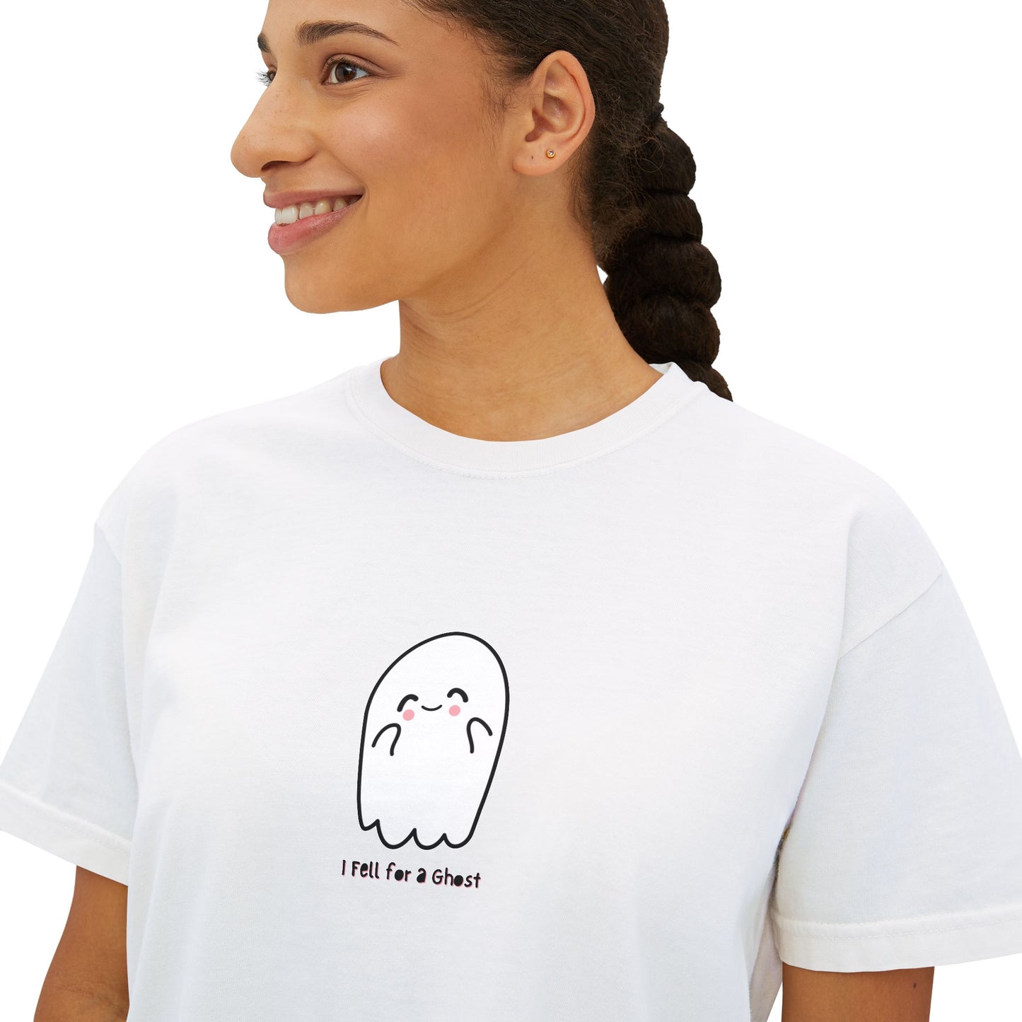 'I fell for a Ghost' Halloween Graphic Women's Boxy Tee - Cute & Comfy Casual Top