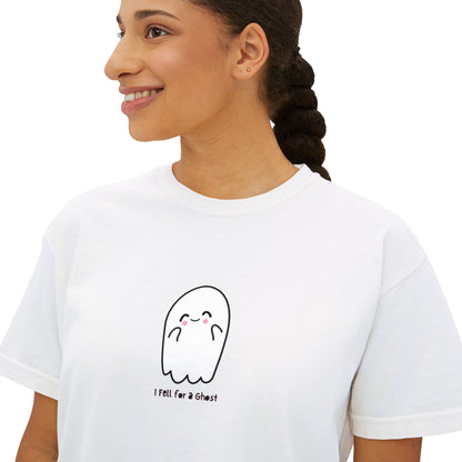'I fell for a Ghost' Halloween Graphic Women's Boxy Tee - Cute & Comfy Casual Top