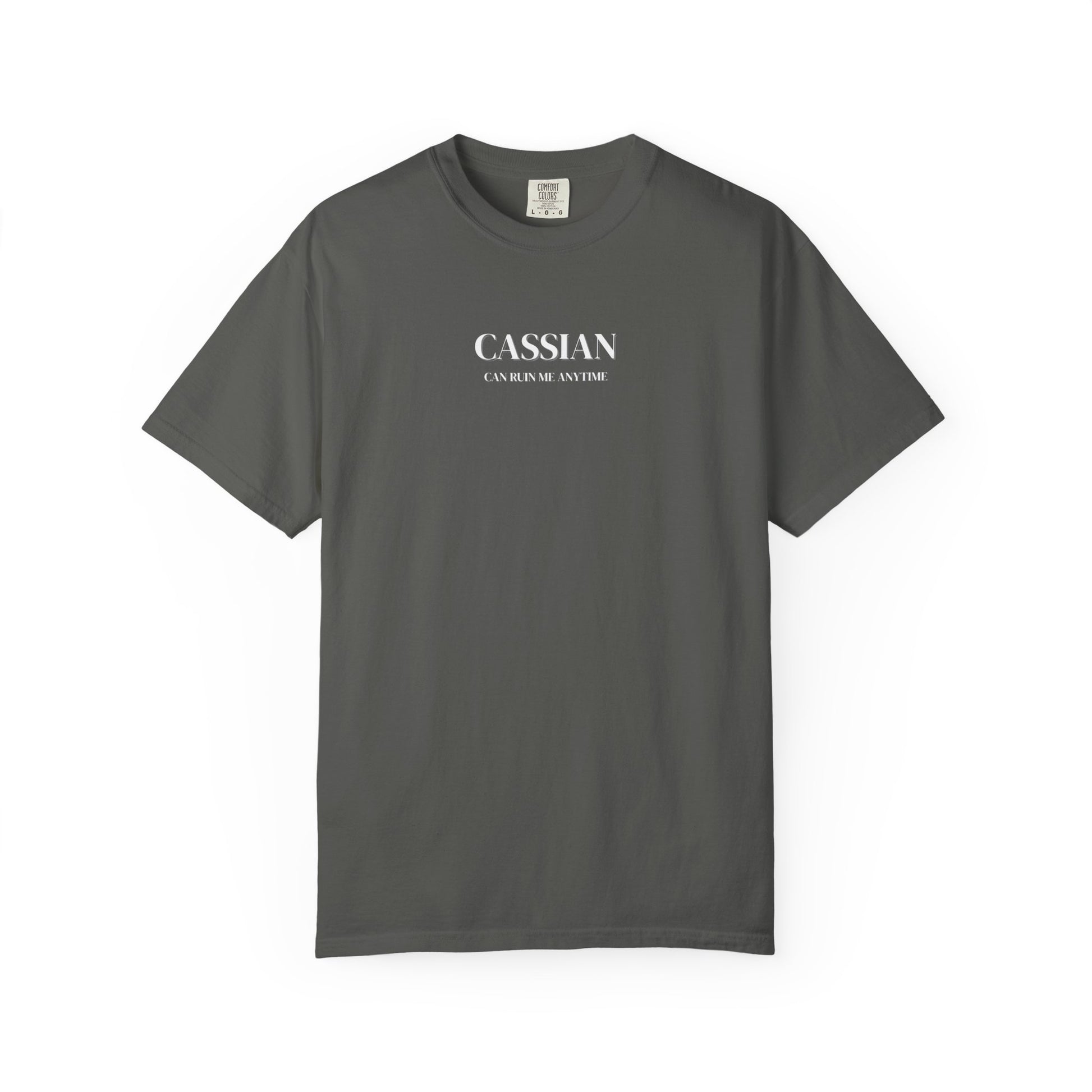 Gray t-shirt with 'CASSIAN' text on a white background