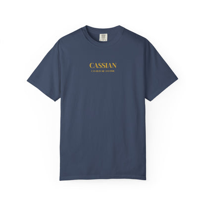 Navy blue t-shirt with 'CASSIAN' logo on a white background