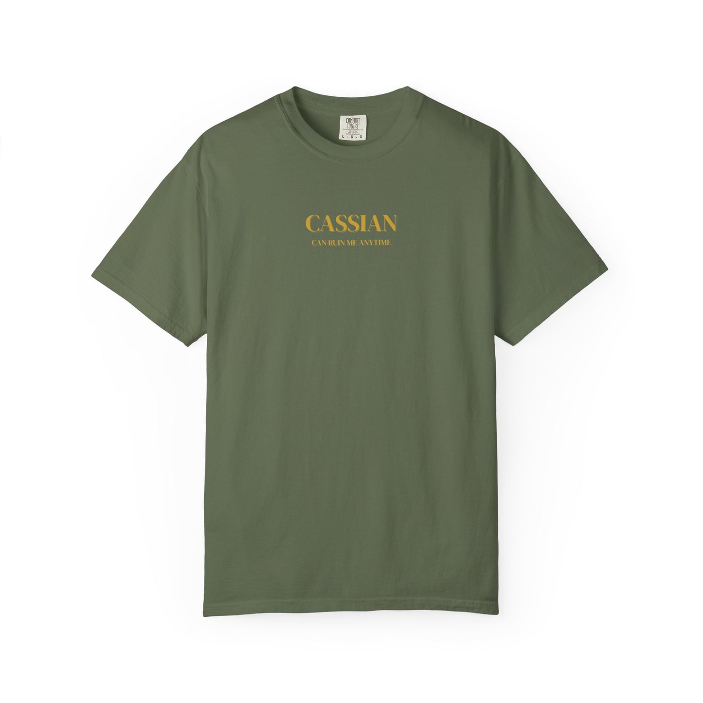Green t-shirt with 'CASSIAN' logo on a white background