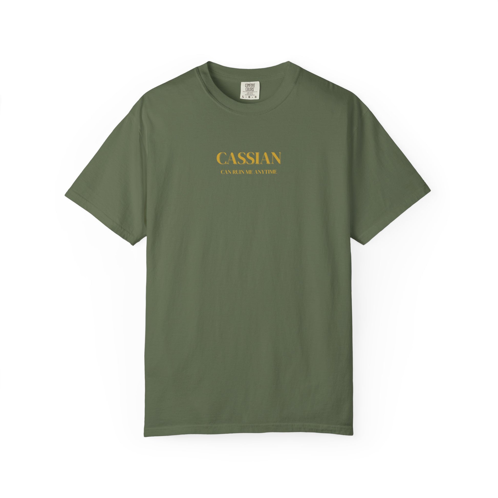 Green t-shirt with 'CASSIAN' logo on a white background