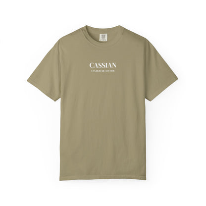 Beige t-shirt with 'CASSIAN' text on a white background