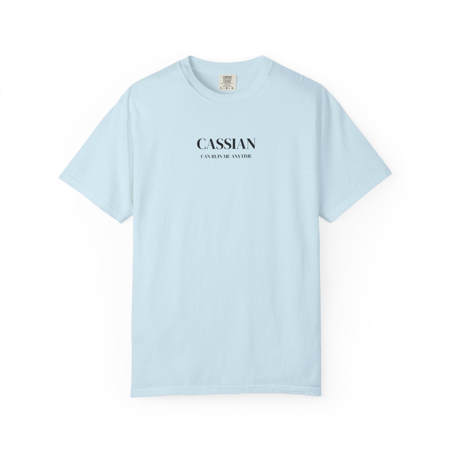 Light blue t-shirt with 'CASSIAN' text on a white background