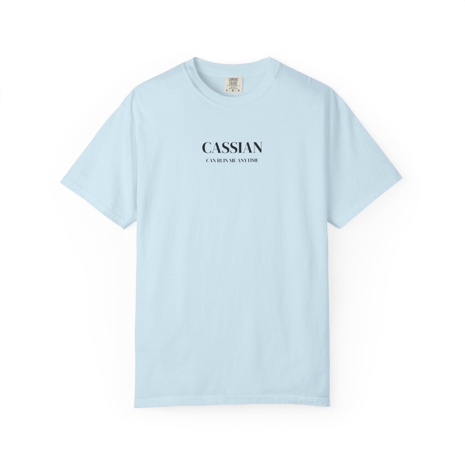 Light blue t-shirt with 'CASSIAN' text on a white background