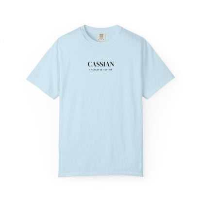 Light blue t-shirt with 'CASSIAN' text on a white background