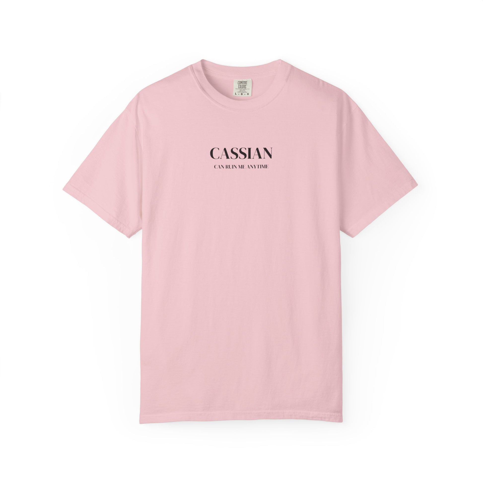 Pink t-shirt with 'CASSIAN' text on a white background