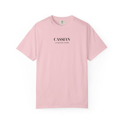 Pink t-shirt with 'CASSIAN' text on a white background