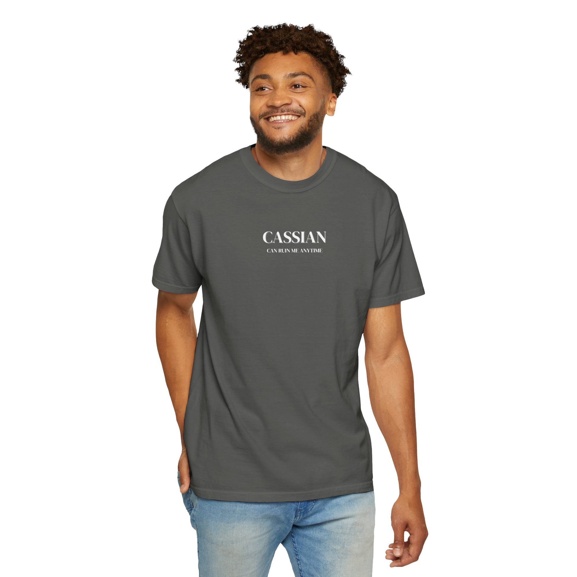 Man wearing a gray t-shirt with 'Cassian' logo on a white background