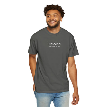 Man wearing a gray t-shirt with 'Cassian' logo on a white background