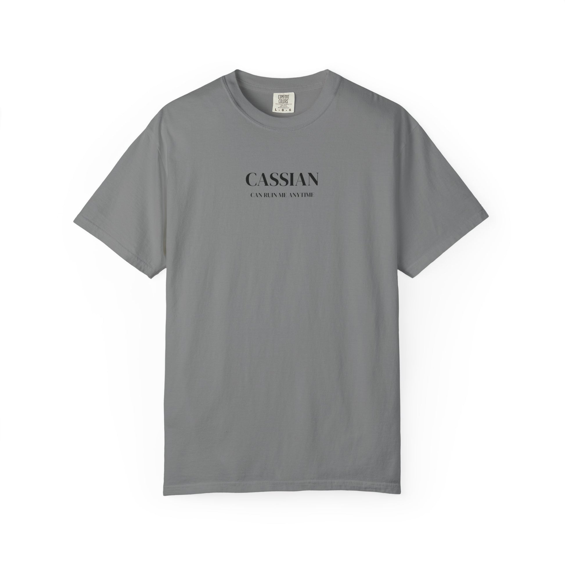Gray t-shirt with 'CASSIAN' text on a white background