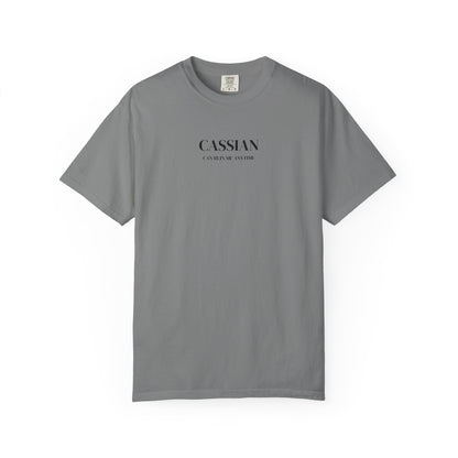 Gray t-shirt with 'CASSIAN' text on a white background