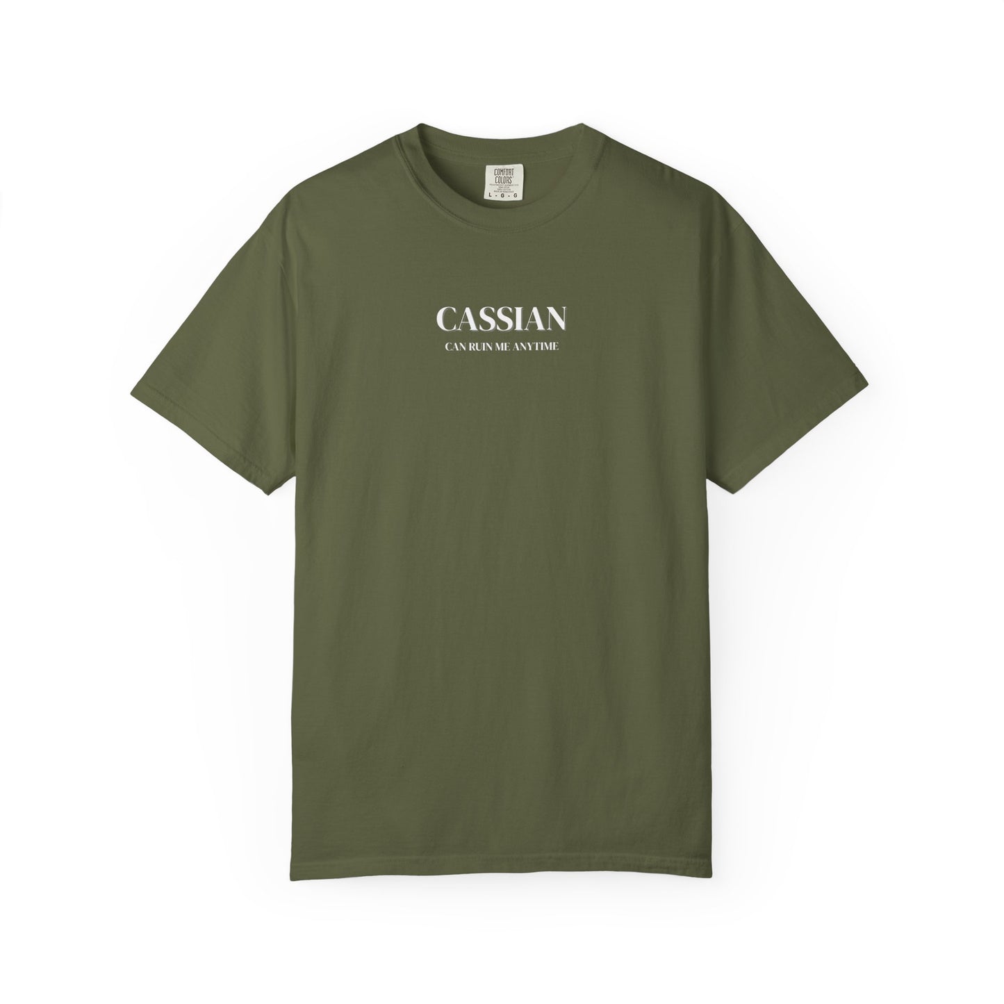 Green t-shirt with 'CASSIAN' text on a white background