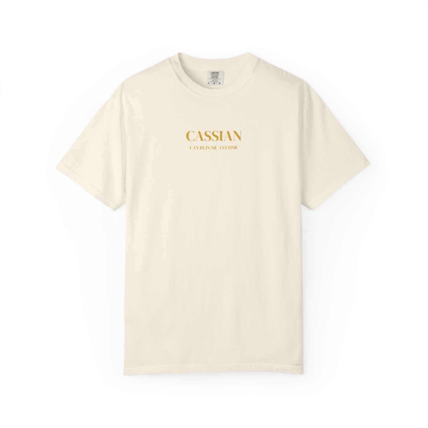 Beige t-shirt with gold text on a white background