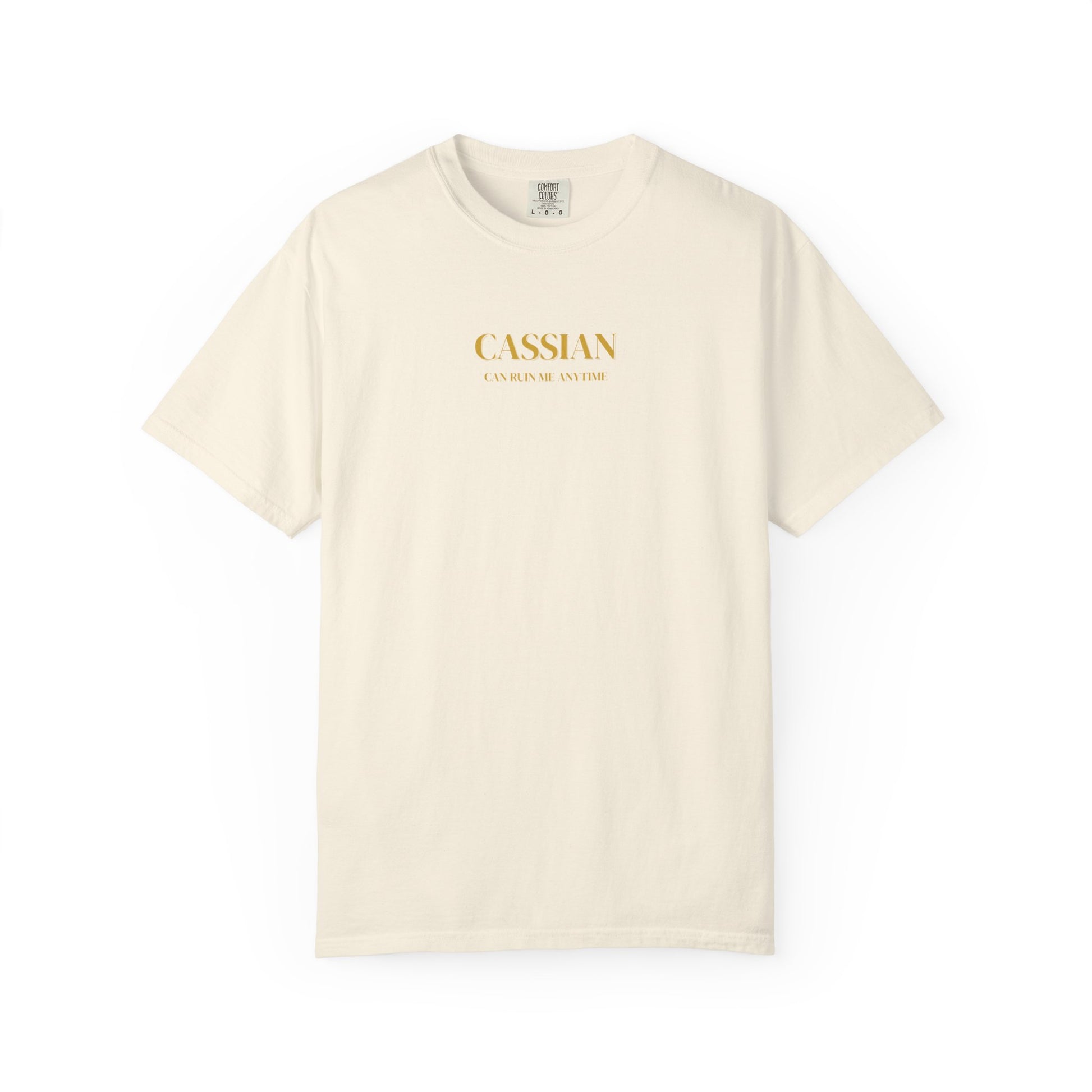 Beige t-shirt with gold text on a white background