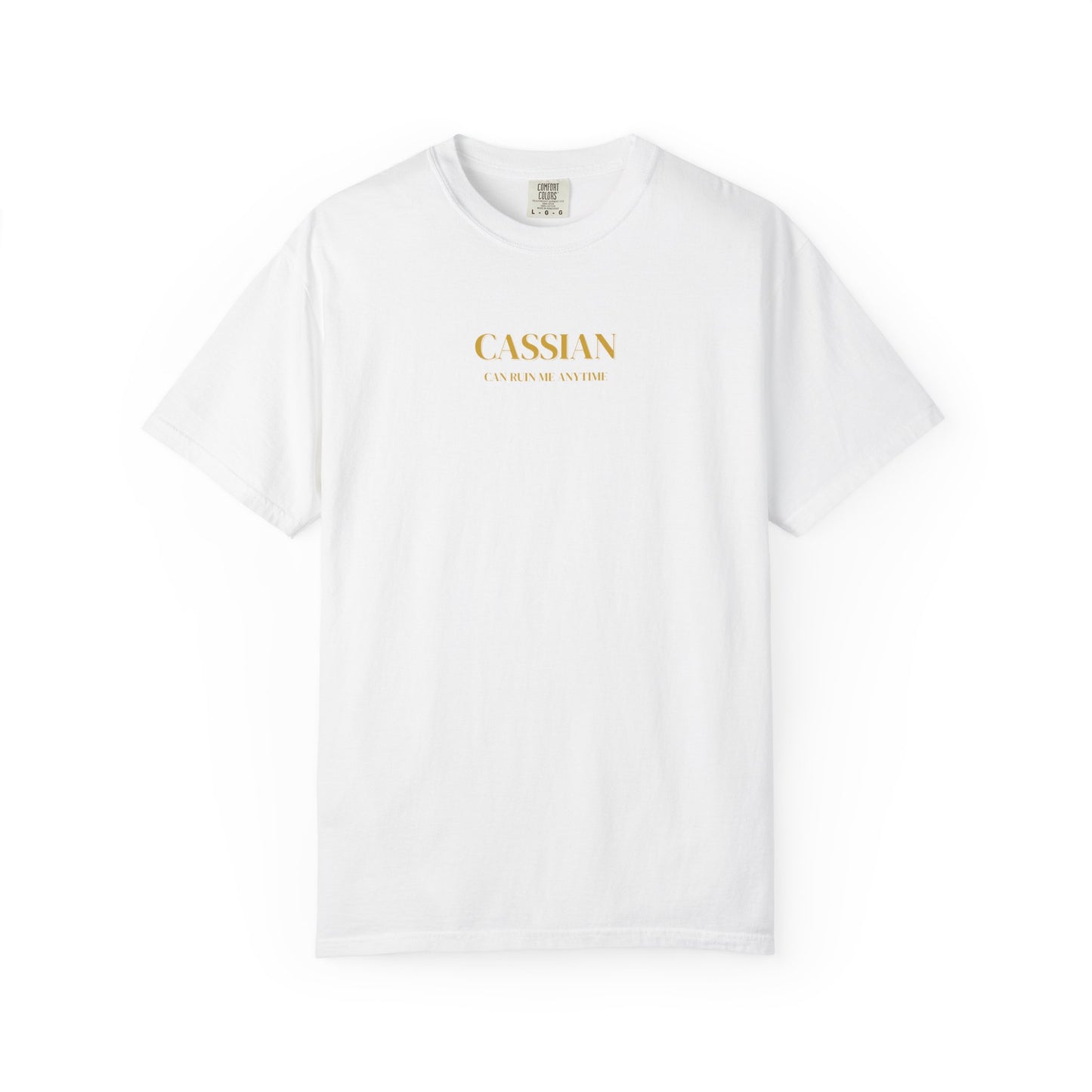 White t-shirt with gold text on a white background