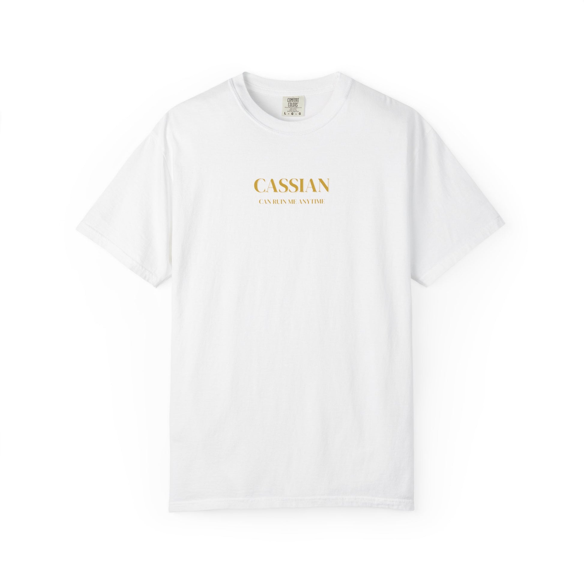 White t-shirt with gold text on a white background