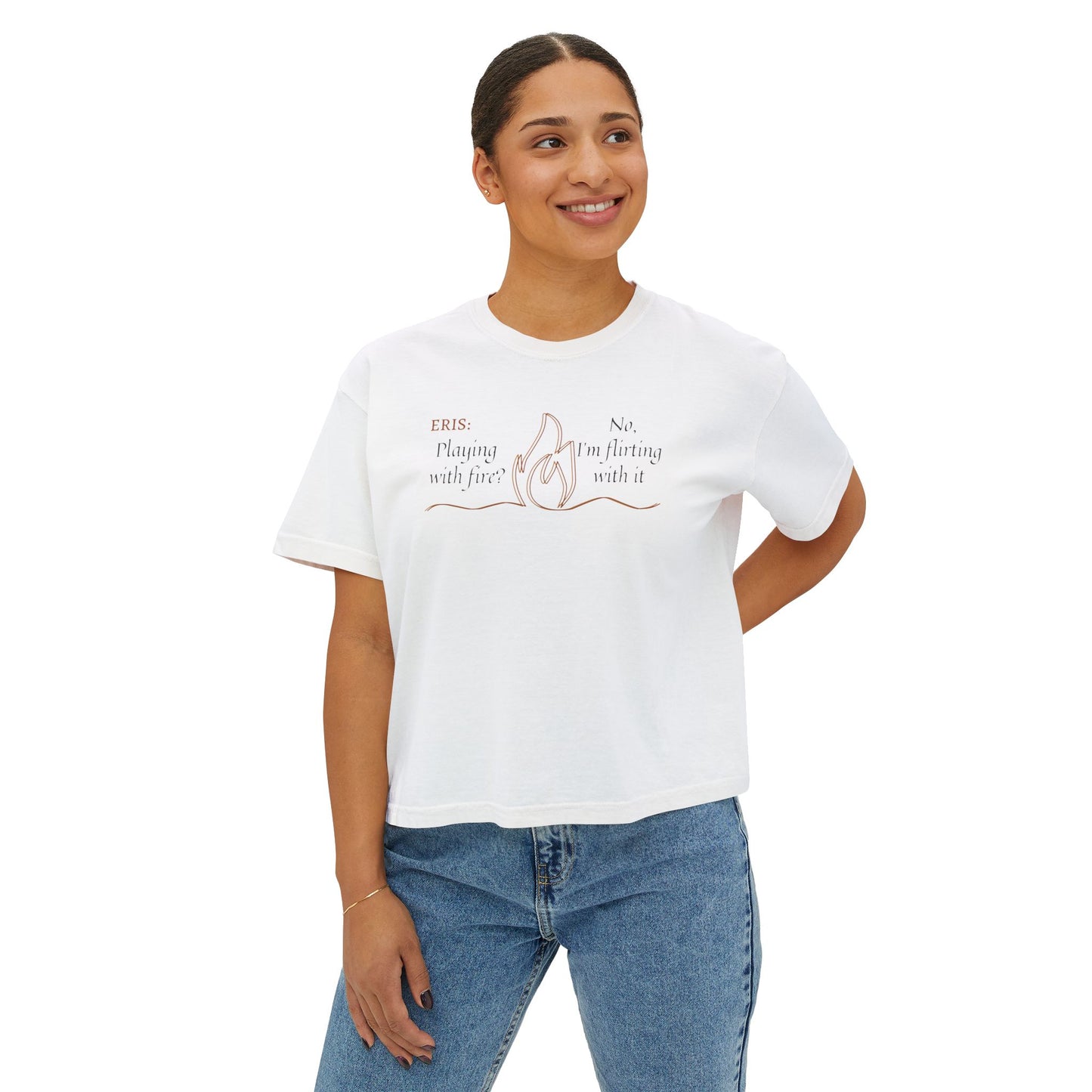 Flirt with Fire Boxy Tee featuring ERIS VANSERRA White Mockup 2