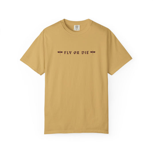 Beige t-shirt with 'FLY OR DIE' text on a white background