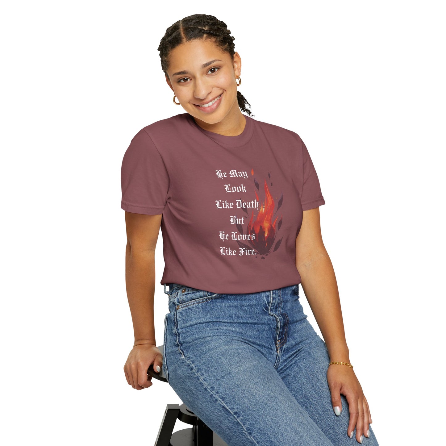 He May Look Like Death But He Loves Like Fire Shirt Brick Mockup2