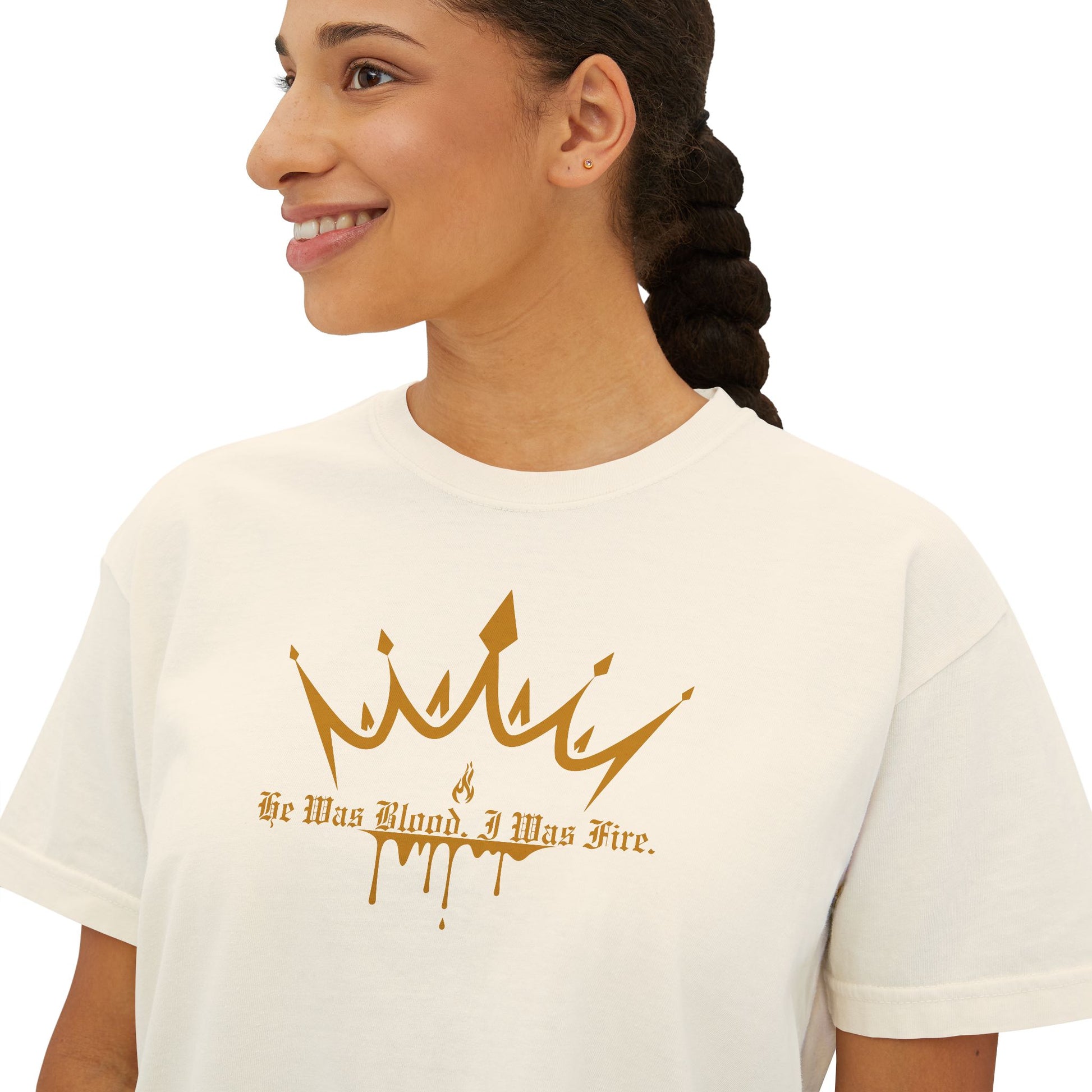 He Was Blood, I Was Fire Boxy Tee Ivory Mockup 2