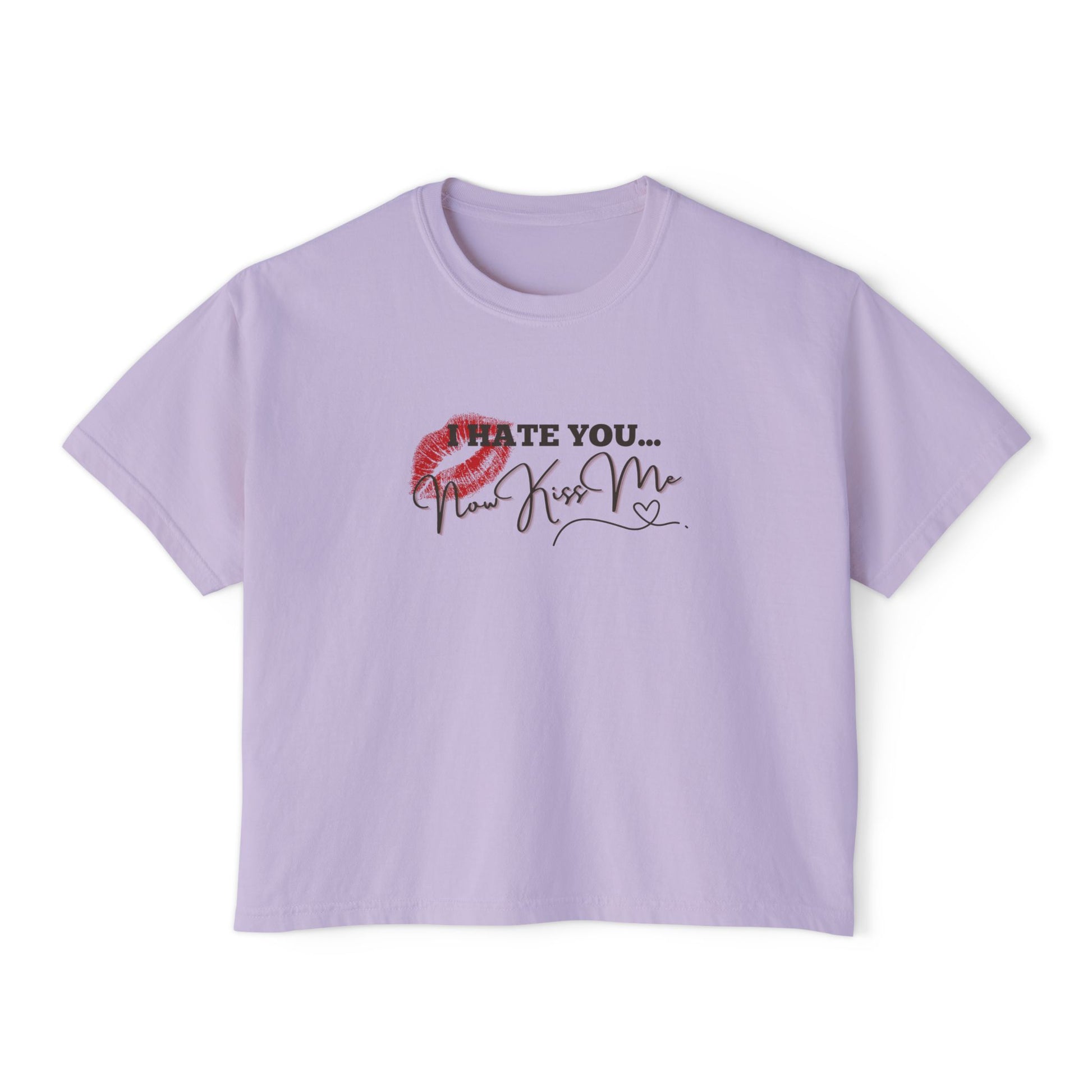 Lavender t-shirt with graphic design and text on a white background