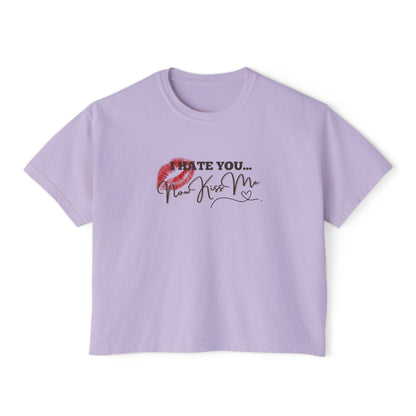 Lavender t-shirt with graphic design and text on a white background