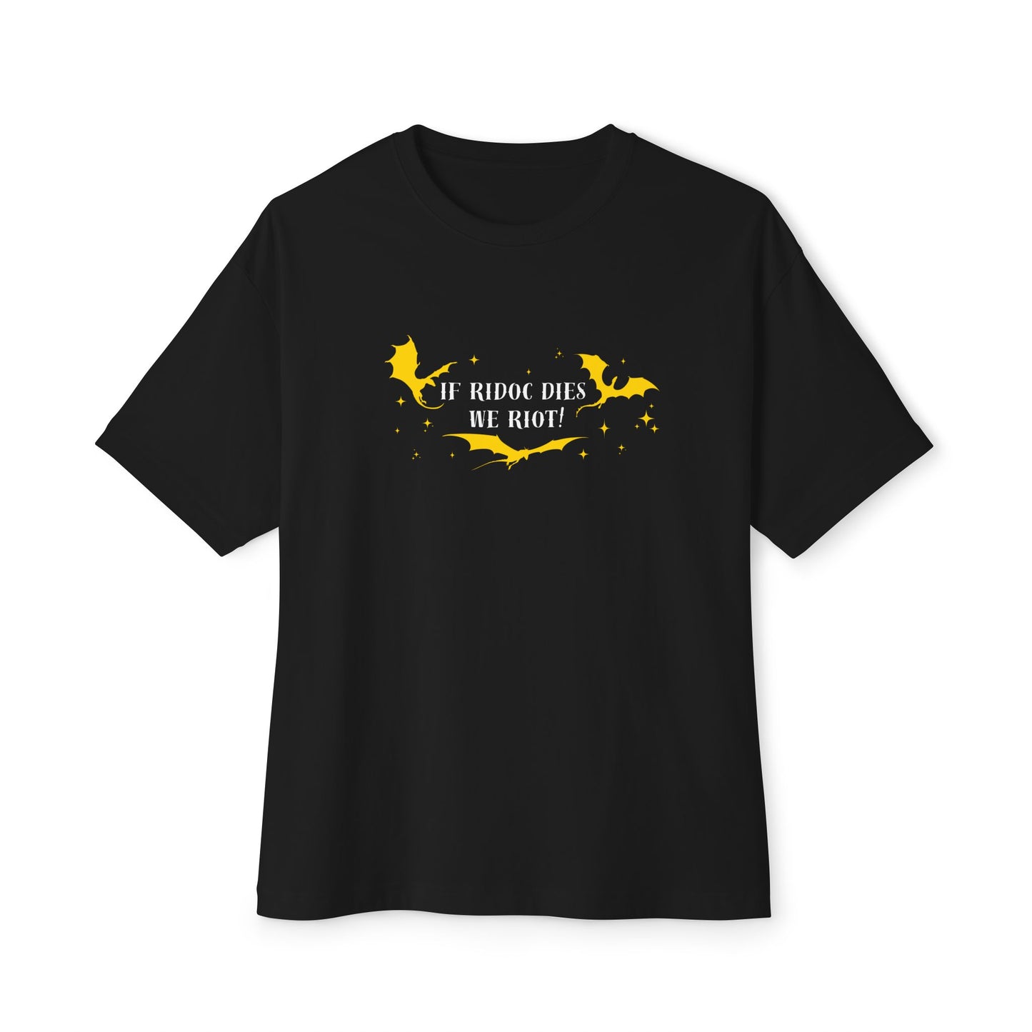 Black t-shirt with yellow graphic and text on a white background