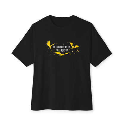 Black t-shirt with yellow graphic and text on a white background