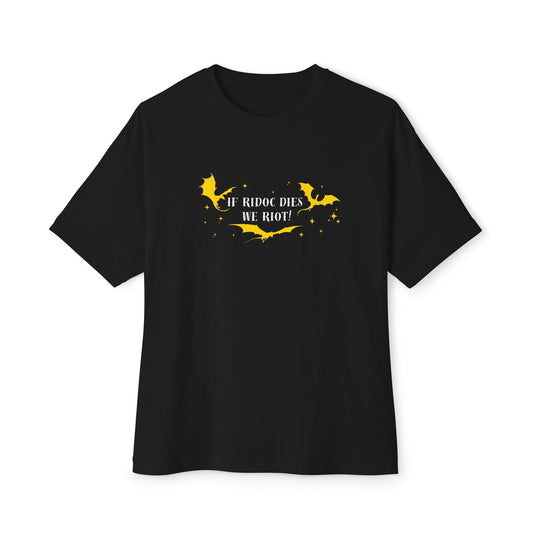 Black t-shirt with yellow graphic and text on a white background