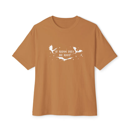 Brown t-shirt with white graphic and text on a white background