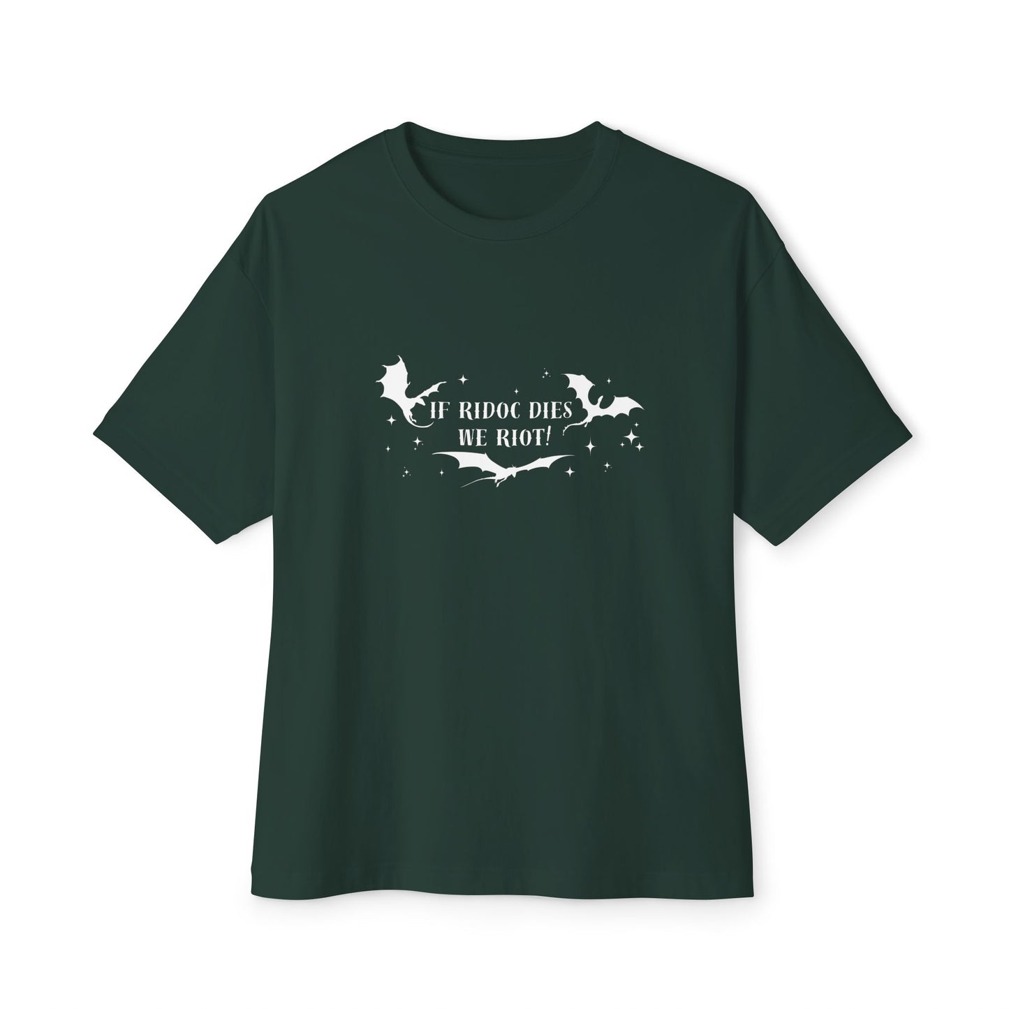 Green t-shirt with white text and design on a white background