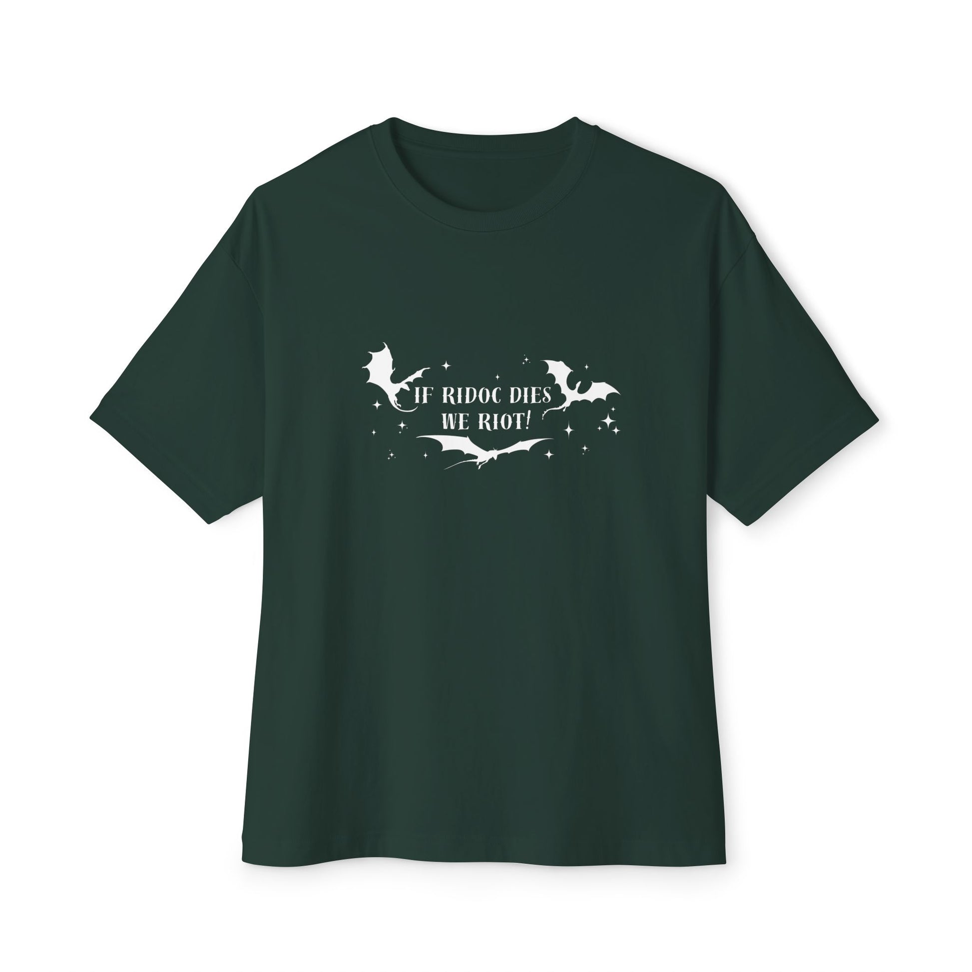 Green t-shirt with white text and design on a white background