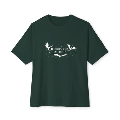 Green t-shirt with white text and design on a white background