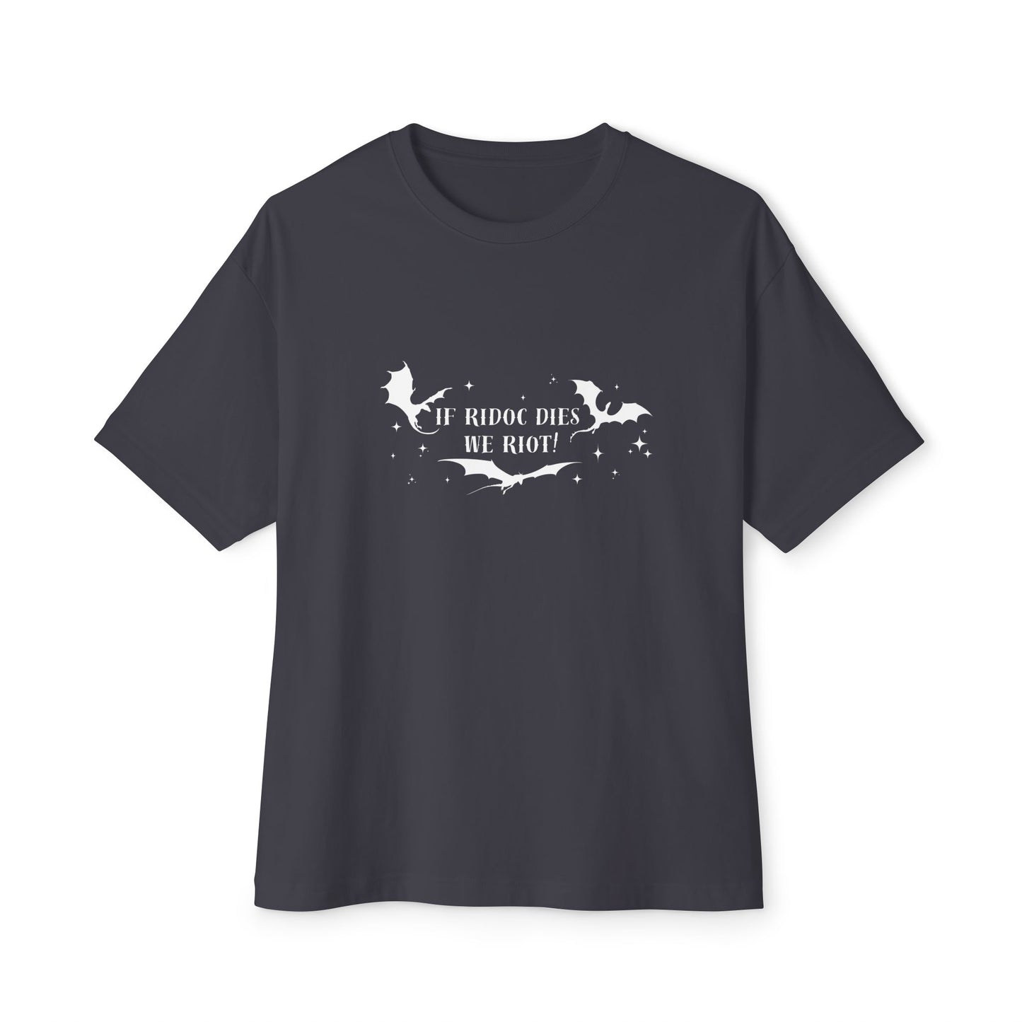 Black t-shirt with white graphic and text on a white background