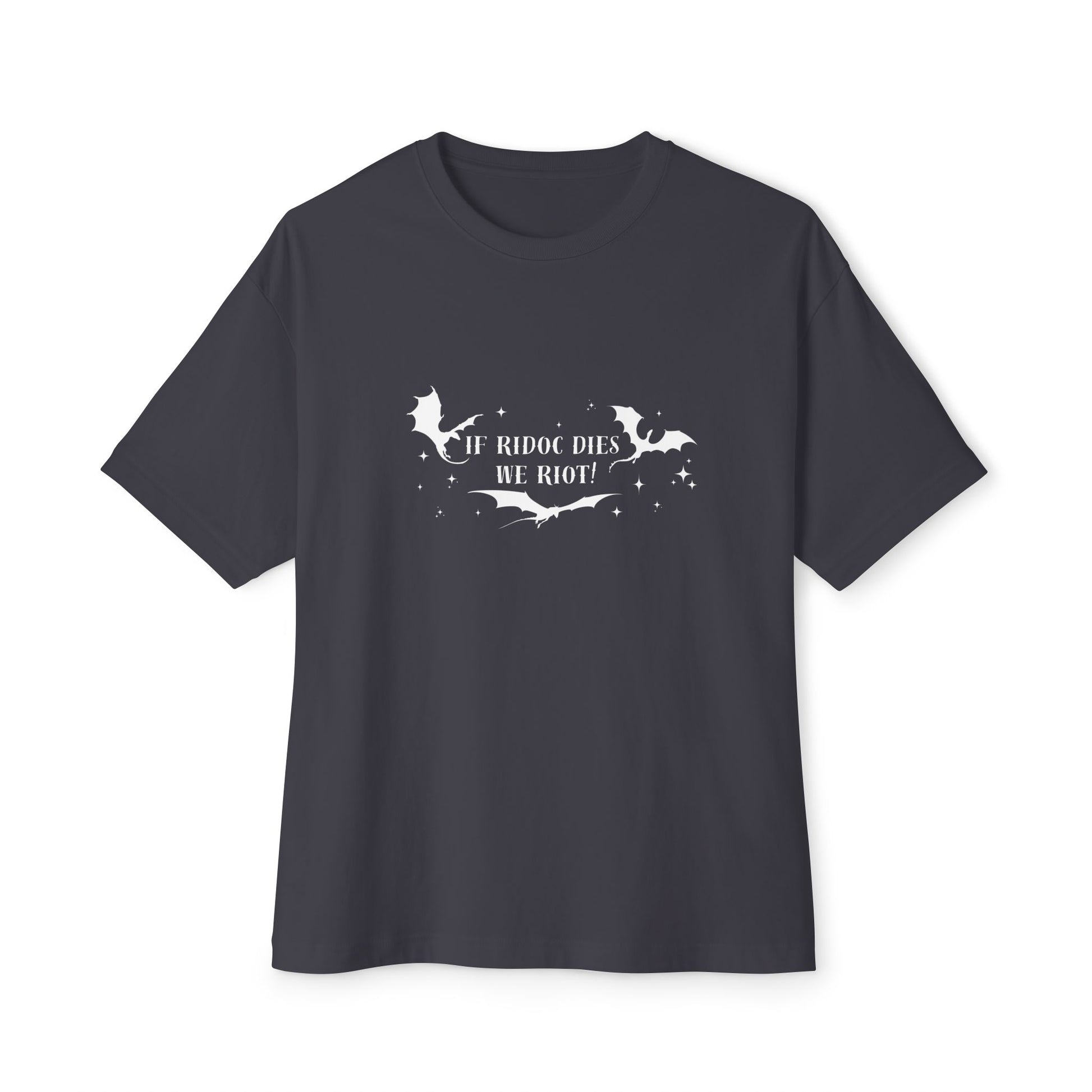 Black t-shirt with white graphic and text on a white background