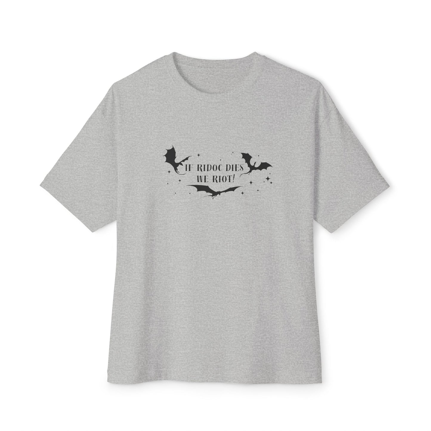 Gray t-shirt with black graphic and text on a white background