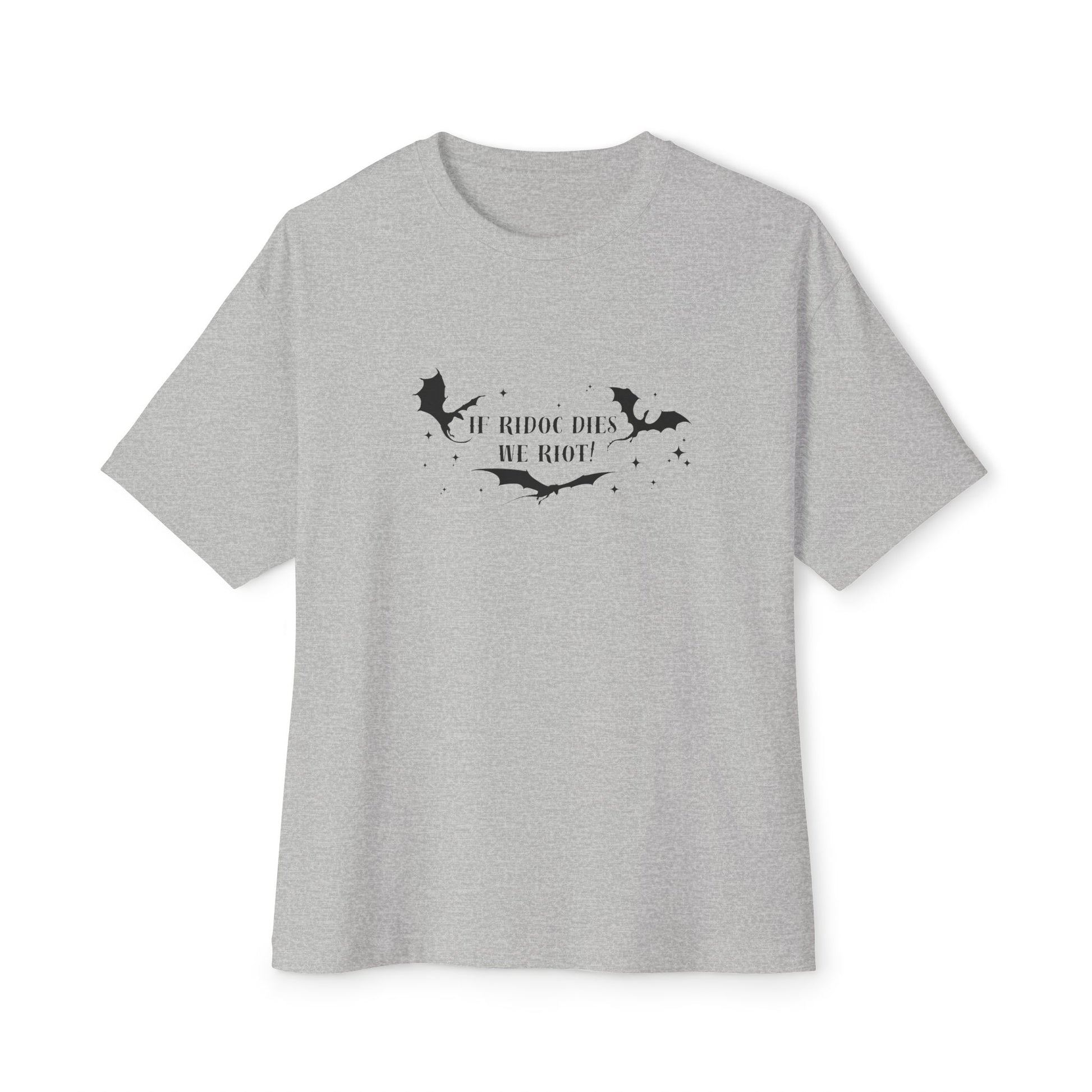 Gray t-shirt with black graphic and text on a white background