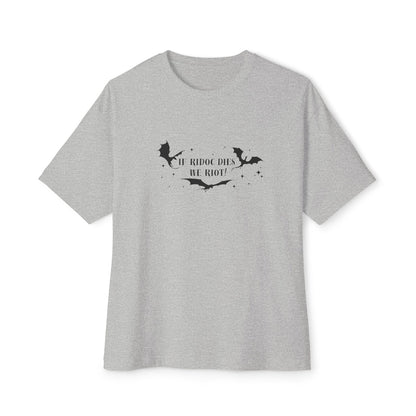 Gray t-shirt with black graphic and text on a white background
