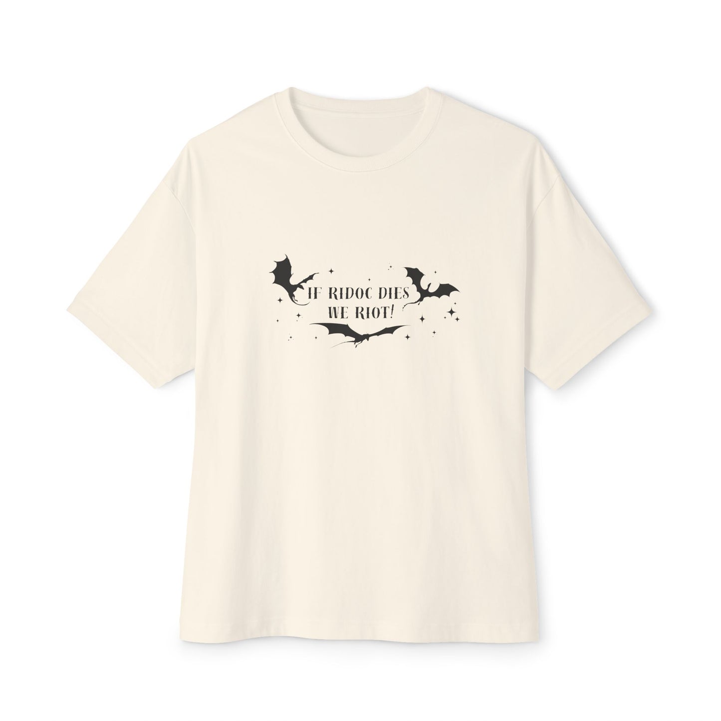 Beige t-shirt with black graphic design and text on a white background