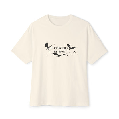 Beige t-shirt with black graphic design and text on a white background