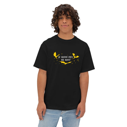 Person wearing a black t-shirt with yellow graphic design on a white background