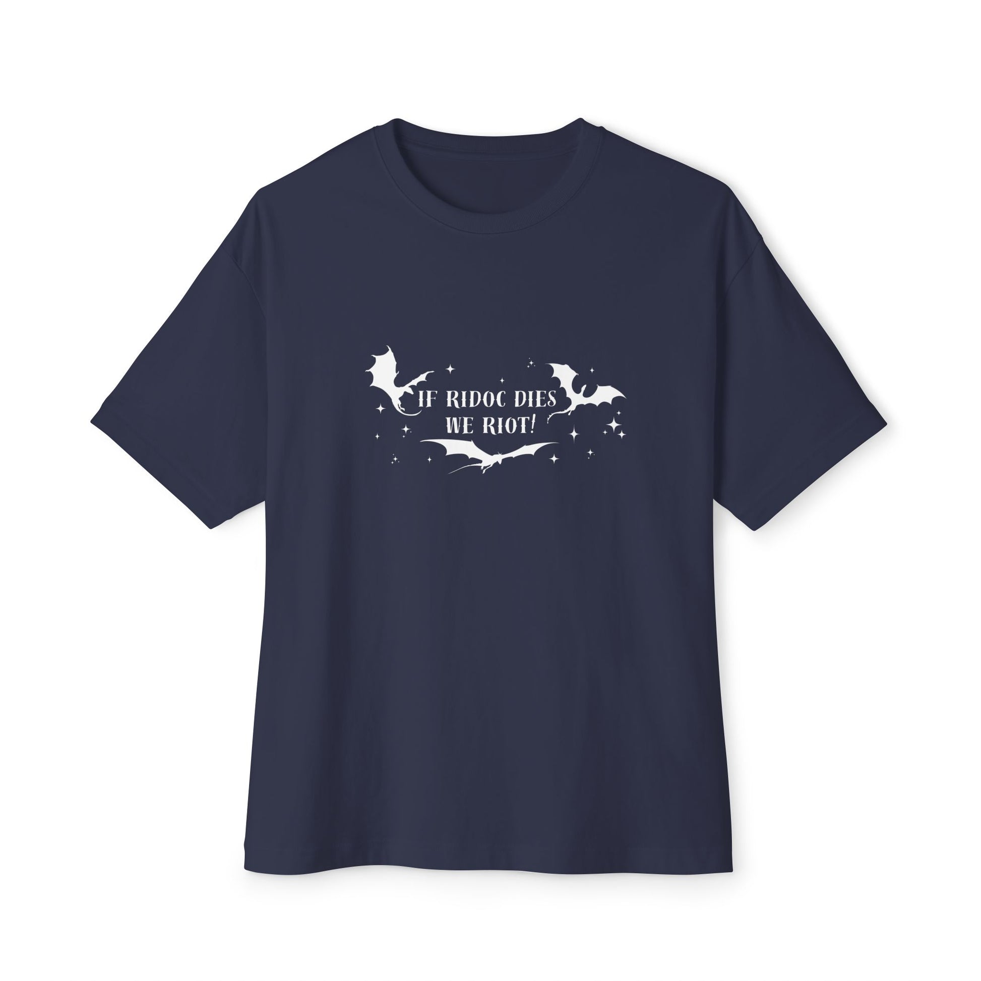 Navy blue t-shirt with white graphic and text on a white background