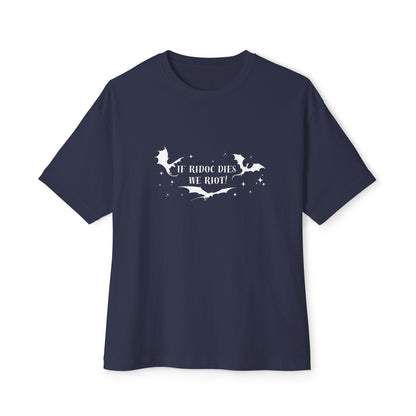 Navy blue t-shirt with white graphic and text on a white background