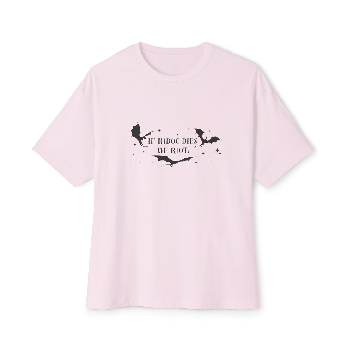 Pink t-shirt with black graphic design and text on a white background
