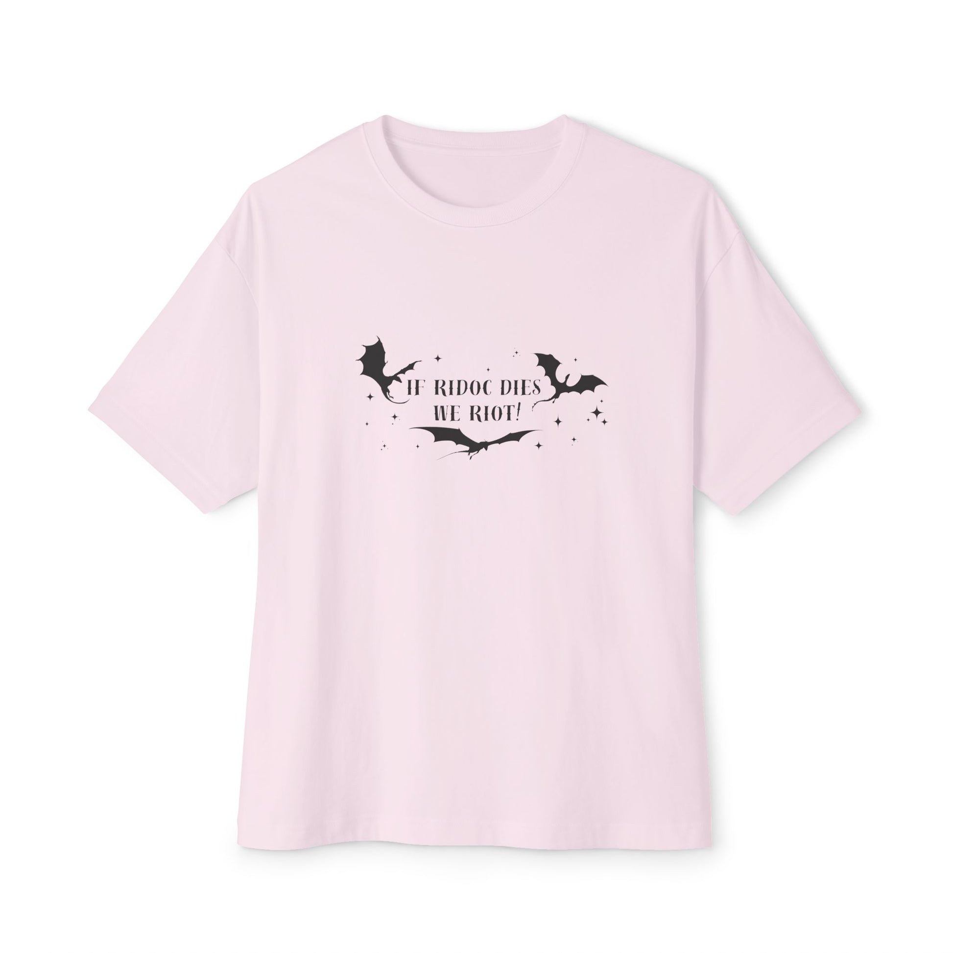 Pink t-shirt with black graphic design and text on a white background