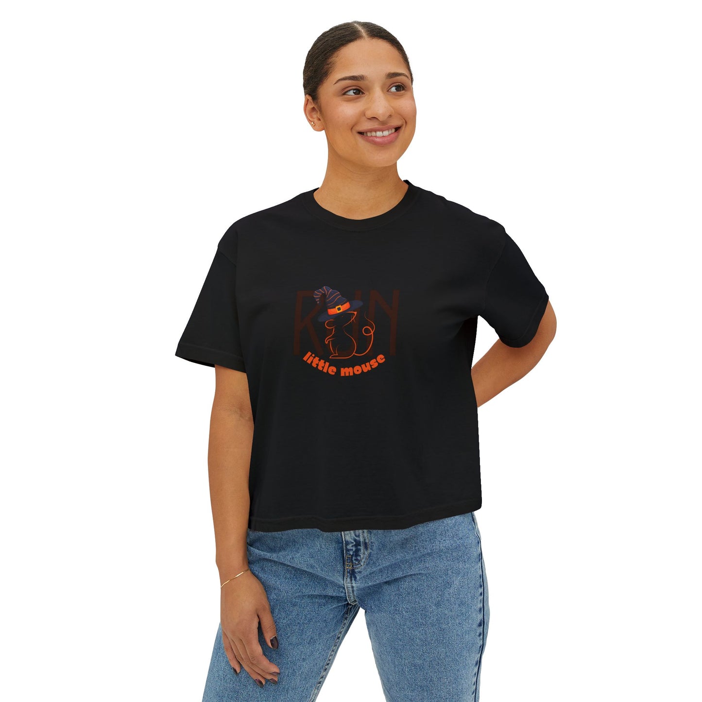 Run, Little Mouse Boxy Tee Black Mockup