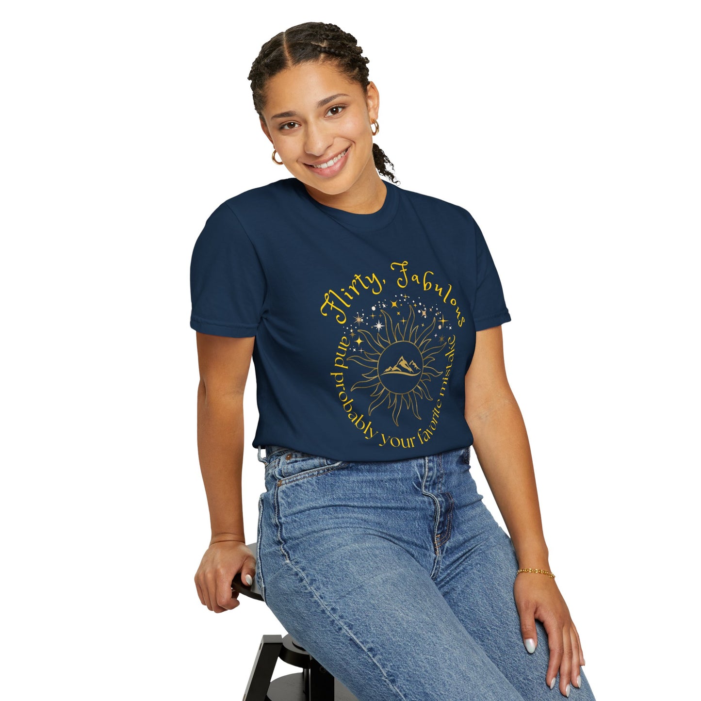 T-shirt with 'Flirty, fabulous, and probably your favorite mistake' quote by HELION, ACOTAR Series True Navy Mockup