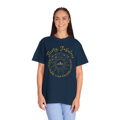T-shirt with 'Flirty, fabulous, and probably your favorite mistake' quote by HELION, ACOTAR Series True Navy Mockup 2